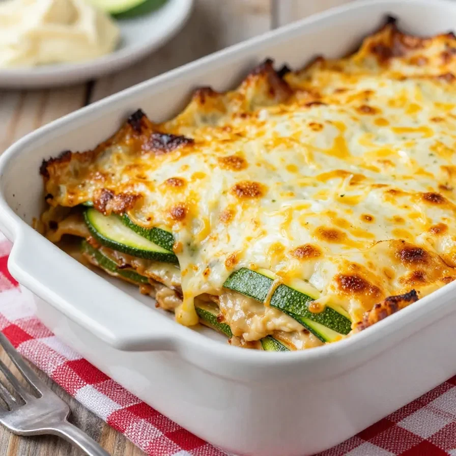 Frisch gebackene Zucchini-Lasagne in einer Auflaufform, mit goldbrauner Käsekruste und sichtbaren Zucchinischichten
