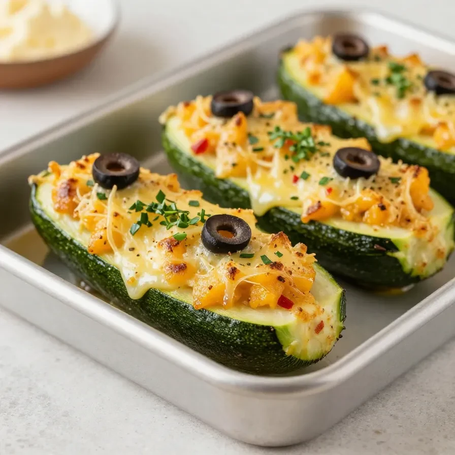 Gefüllte Zucchini mit Couscous und Feta, auf einem Teller angerichtet und mit frischen Kräutern garniert.