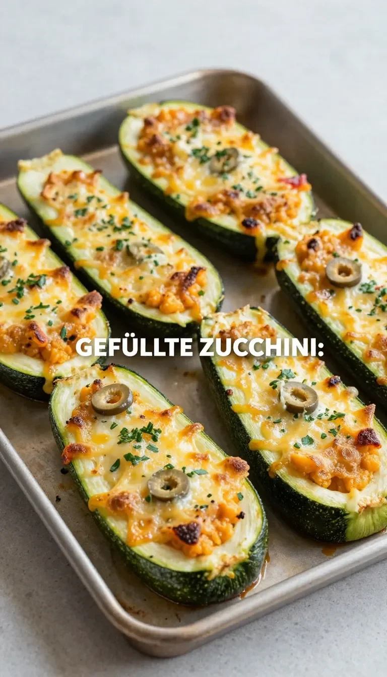Gefüllte Zucchini mit Couscous und Feta, auf einem Teller angerichtet und mit frischen Kräutern garniert.