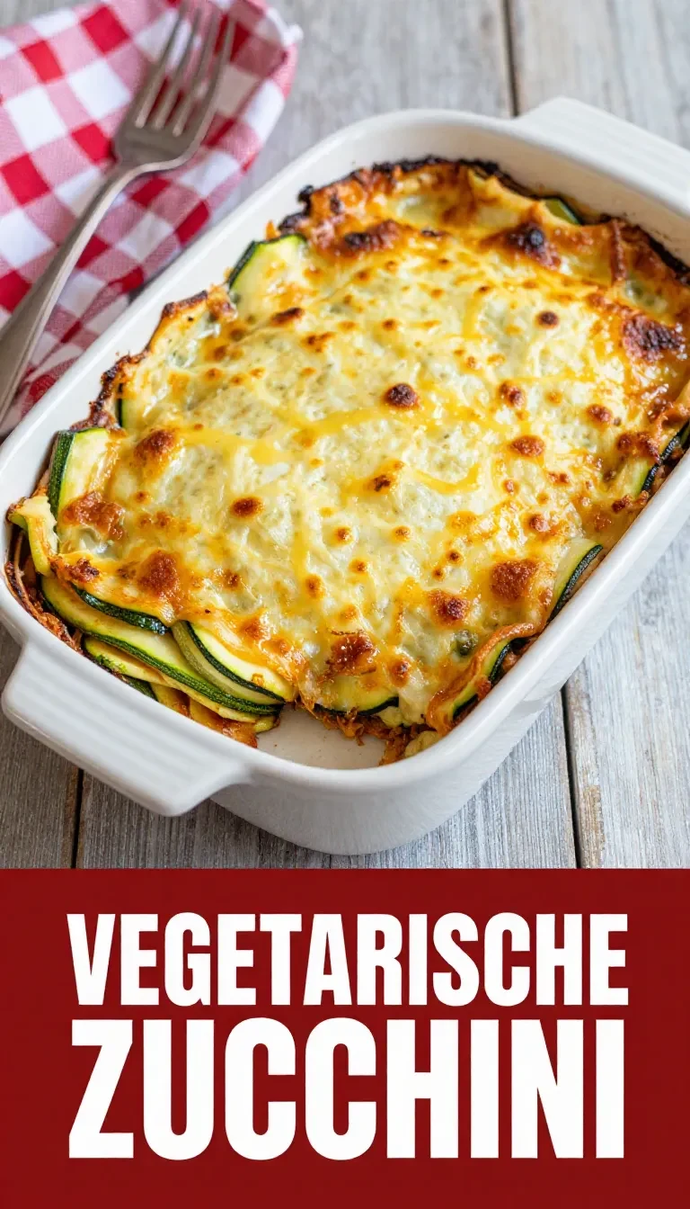 Frisch gebackene Zucchini-Lasagne in einer Auflaufform, mit goldbrauner Käsekruste und sichtbaren Zucchinischichten