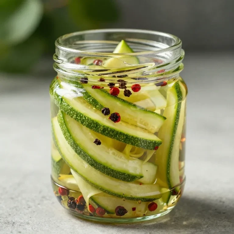 Glas mit eingelegten Zucchinischeiben in Kräuter-Sud auf einem Holztisch.