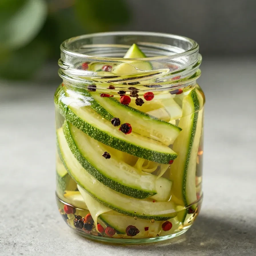 Glas mit eingelegten Zucchinischeiben in Kräuter-Sud auf einem Holztisch.