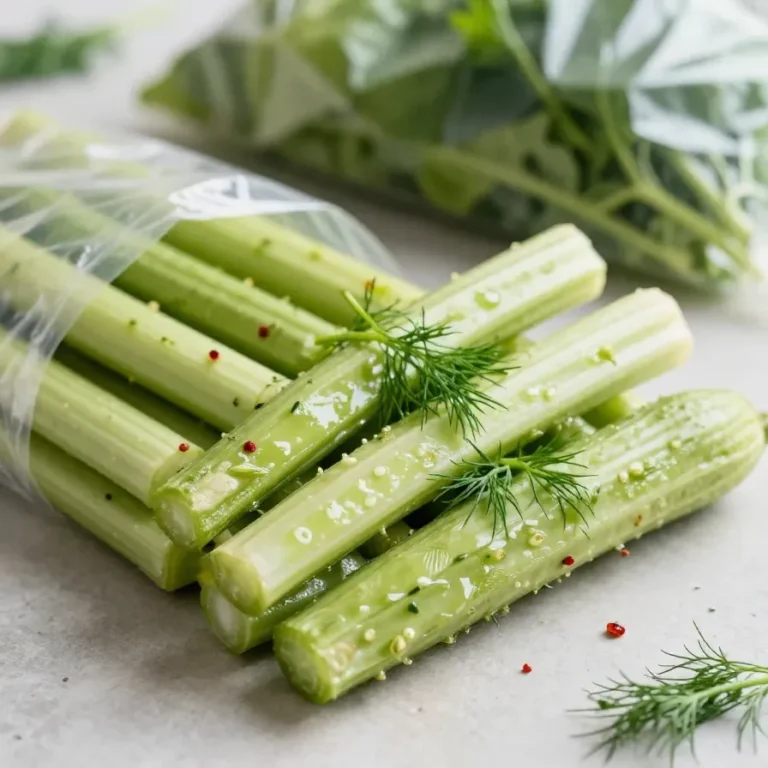 Glas mit russischen Salz-Dill-Gurken auf einem Holztisch neben frischem Dill und Knoblauch.