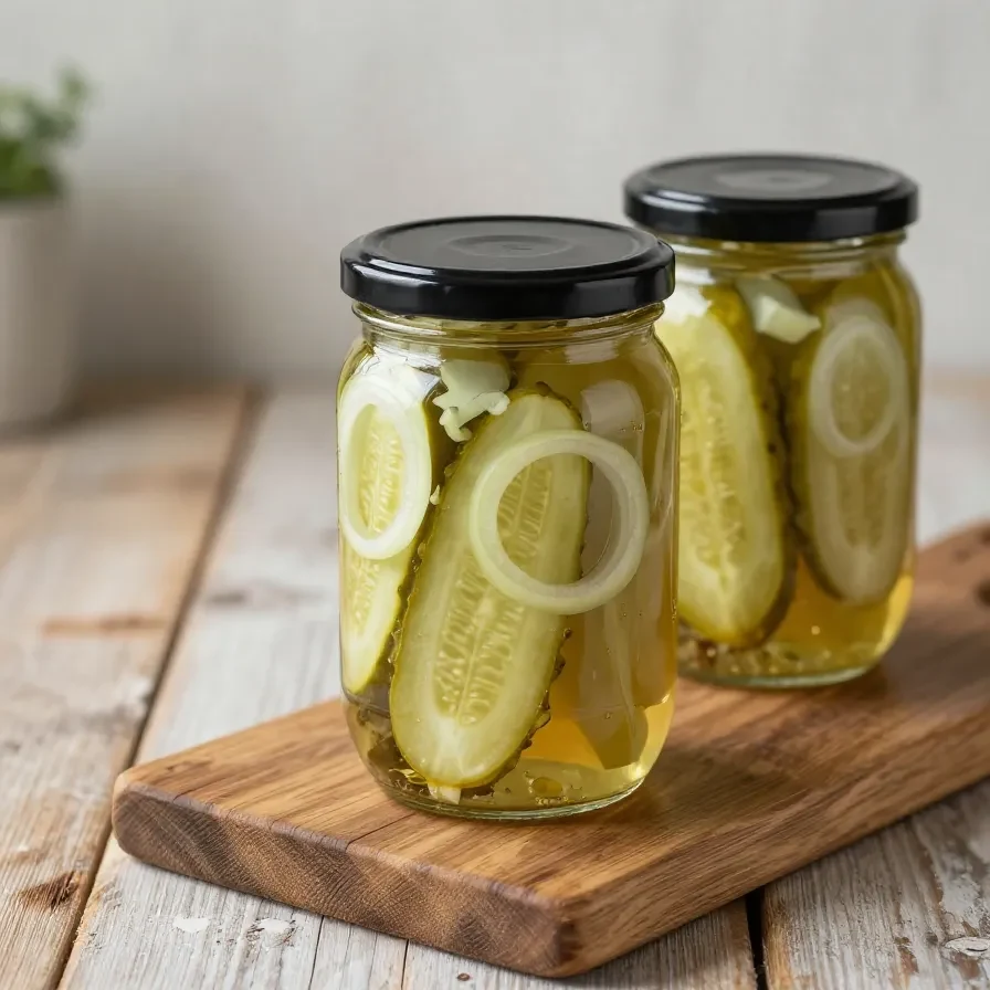 Eingelegte Gurkenscheiben in einem Glas mit Kräutern und Gewürzen.