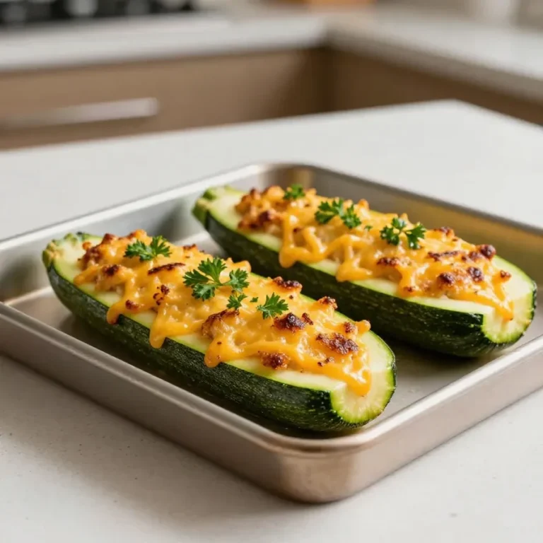 Ofenfrisch gebackene vegetarisch gefüllte Zucchini auf einem Teller mit goldbrauner Käsekruste und frischen Kräutern