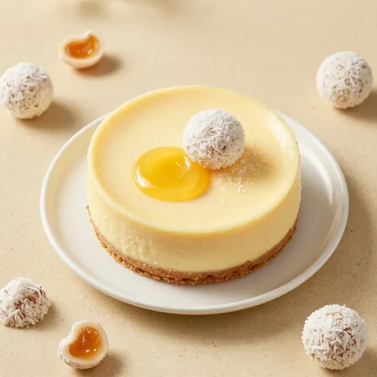 Cremiger Rafaelo Cheesecake mit Kokosraspeln und weißen Pralinen dekoriert, auf einem hellen Teller serviert.