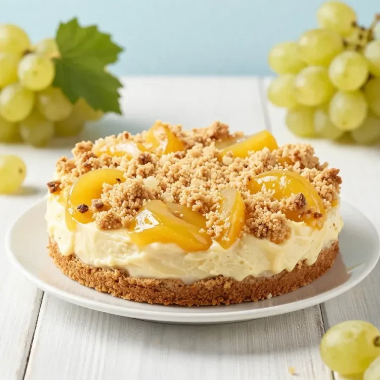 Ein Stück Mirabellenkuchen mit Pudding und knusprigen Mandel-Streuseln auf einem Teller.
