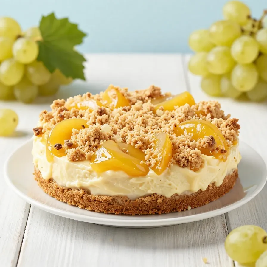 Ein Stück Mirabellenkuchen mit Pudding und knusprigen Mandel-Streuseln auf einem Teller.