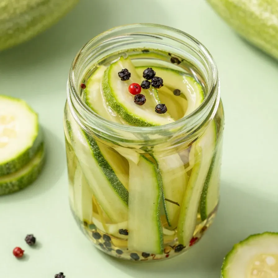 Glas mit eingelegten Zucchinischeiben in Kräuter-Sud auf einem Holztisch.