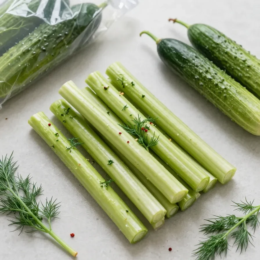 Glas mit russischen Salz-Dill-Gurken auf einem Holztisch neben frischem Dill und Knoblauch.
