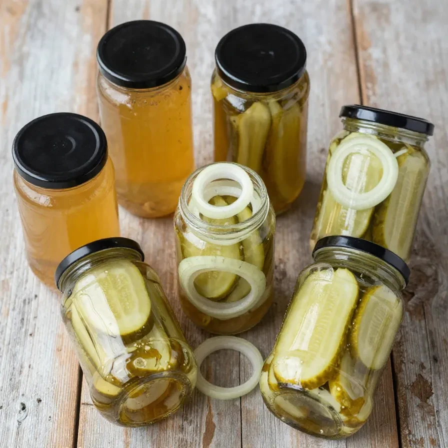 Eingelegte Gurkenscheiben in einem Glas mit Kräutern und Gewürzen.