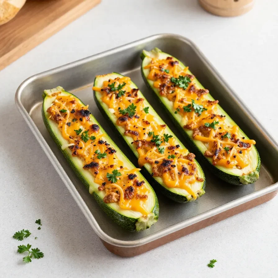 Ofenfrisch gebackene vegetarisch gefüllte Zucchini auf einem Teller mit goldbrauner Käsekruste und frischen Kräutern