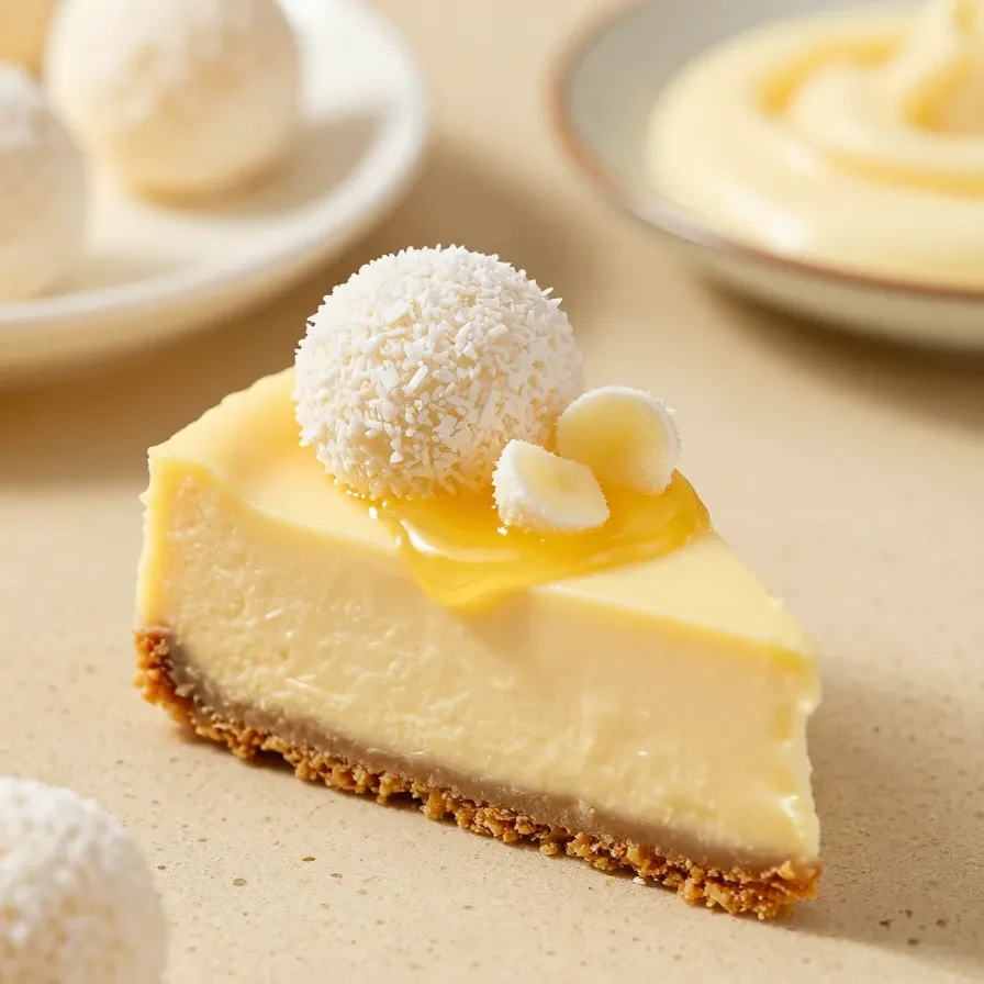 Cremiger Rafaelo Cheesecake mit Kokosraspeln und weißen Pralinen dekoriert, auf einem hellen Teller serviert.