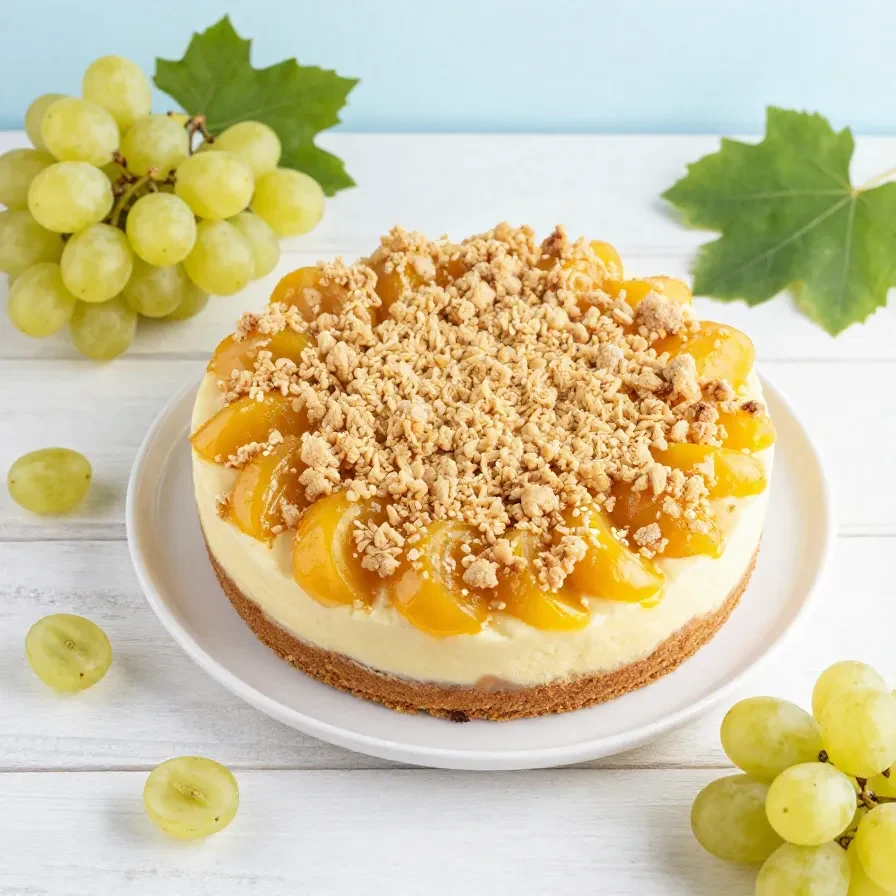 Ein Stück Mirabellenkuchen mit Pudding und knusprigen Mandel-Streuseln auf einem Teller.