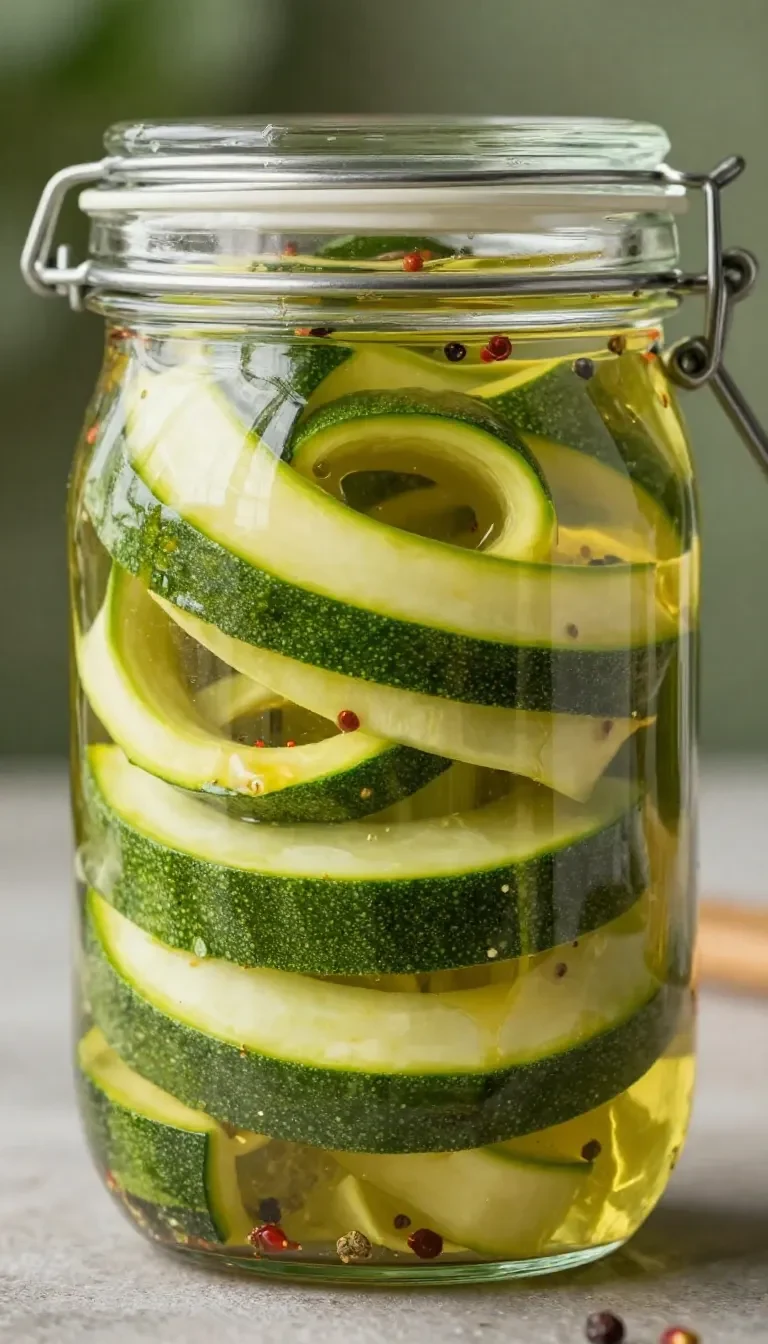 Glas mit eingelegten Zucchinischeiben in Kräuter-Sud auf einem Holztisch.
