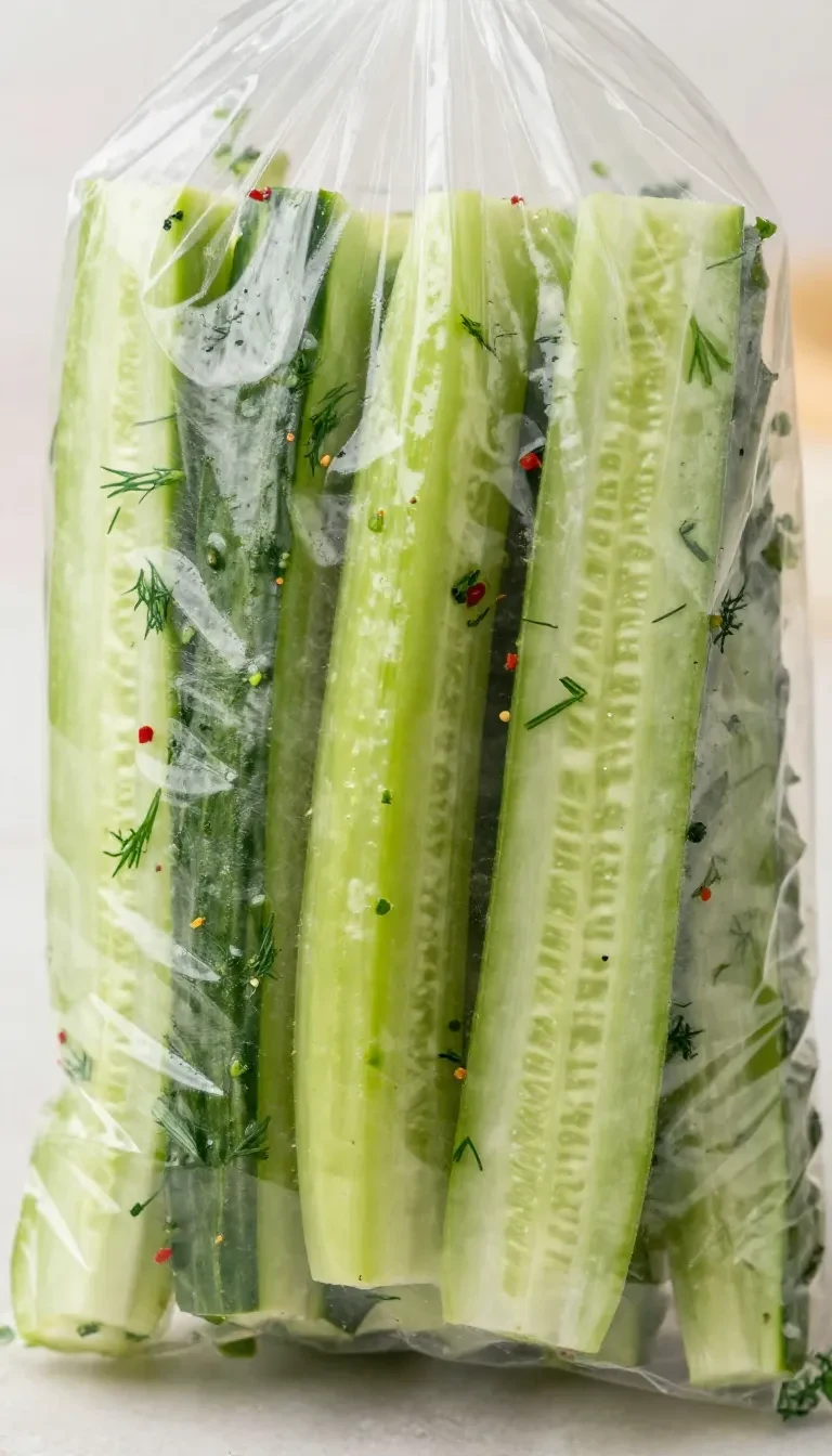 Glas mit russischen Salz-Dill-Gurken auf einem Holztisch neben frischem Dill und Knoblauch.