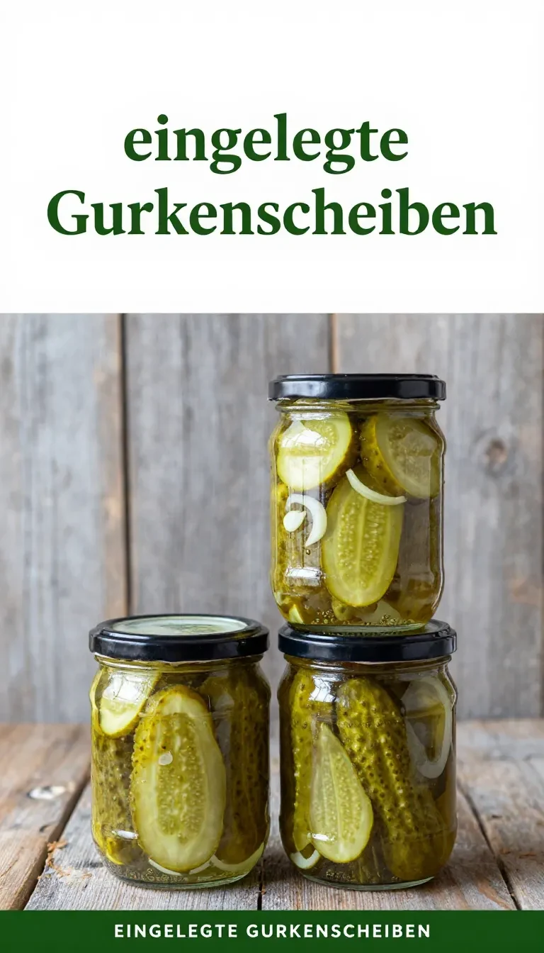 Eingelegte Gurkenscheiben in einem Glas mit Kräutern und Gewürzen.