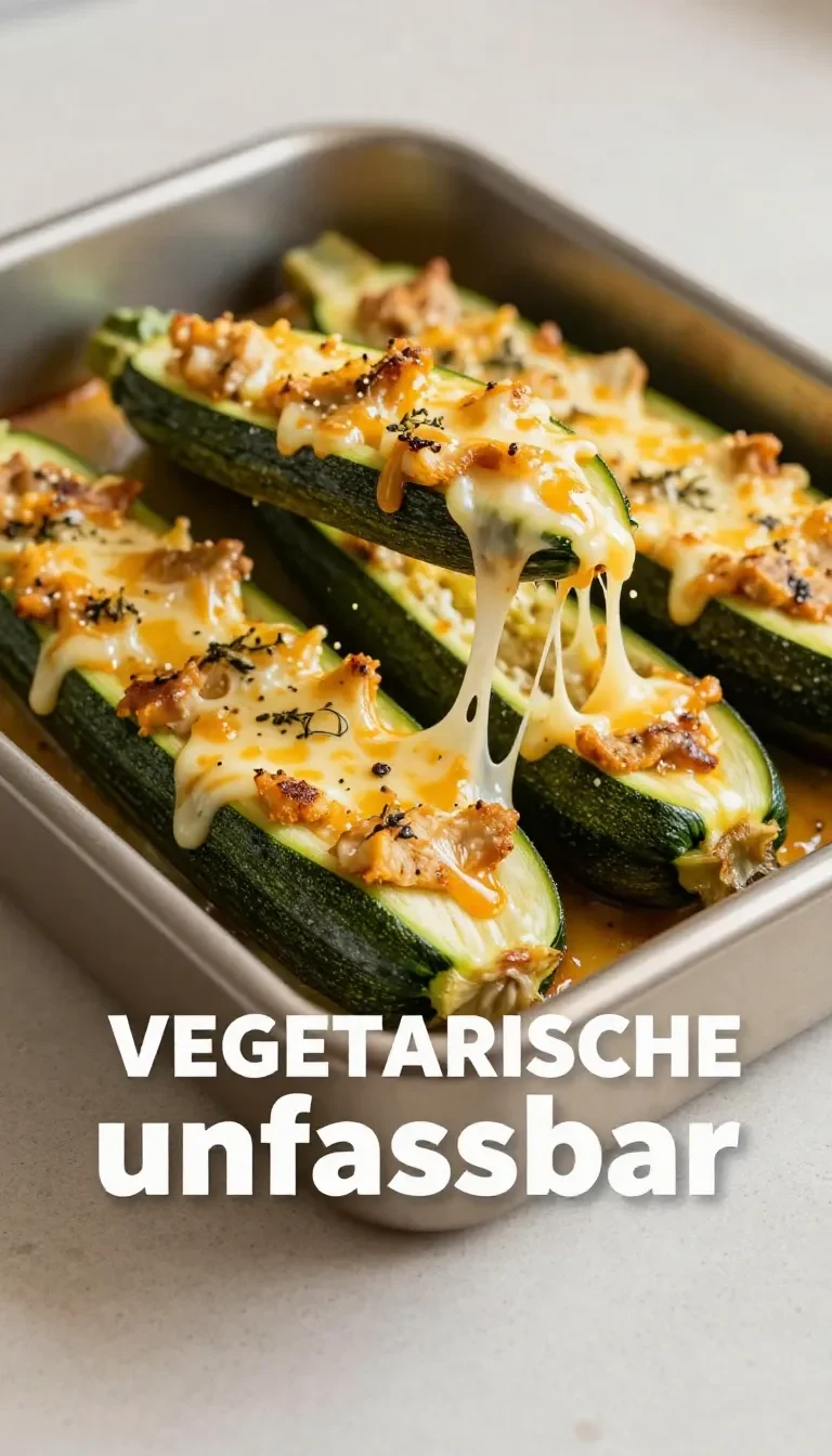 Ofenfrisch gebackene vegetarisch gefüllte Zucchini auf einem Teller mit goldbrauner Käsekruste und frischen Kräutern