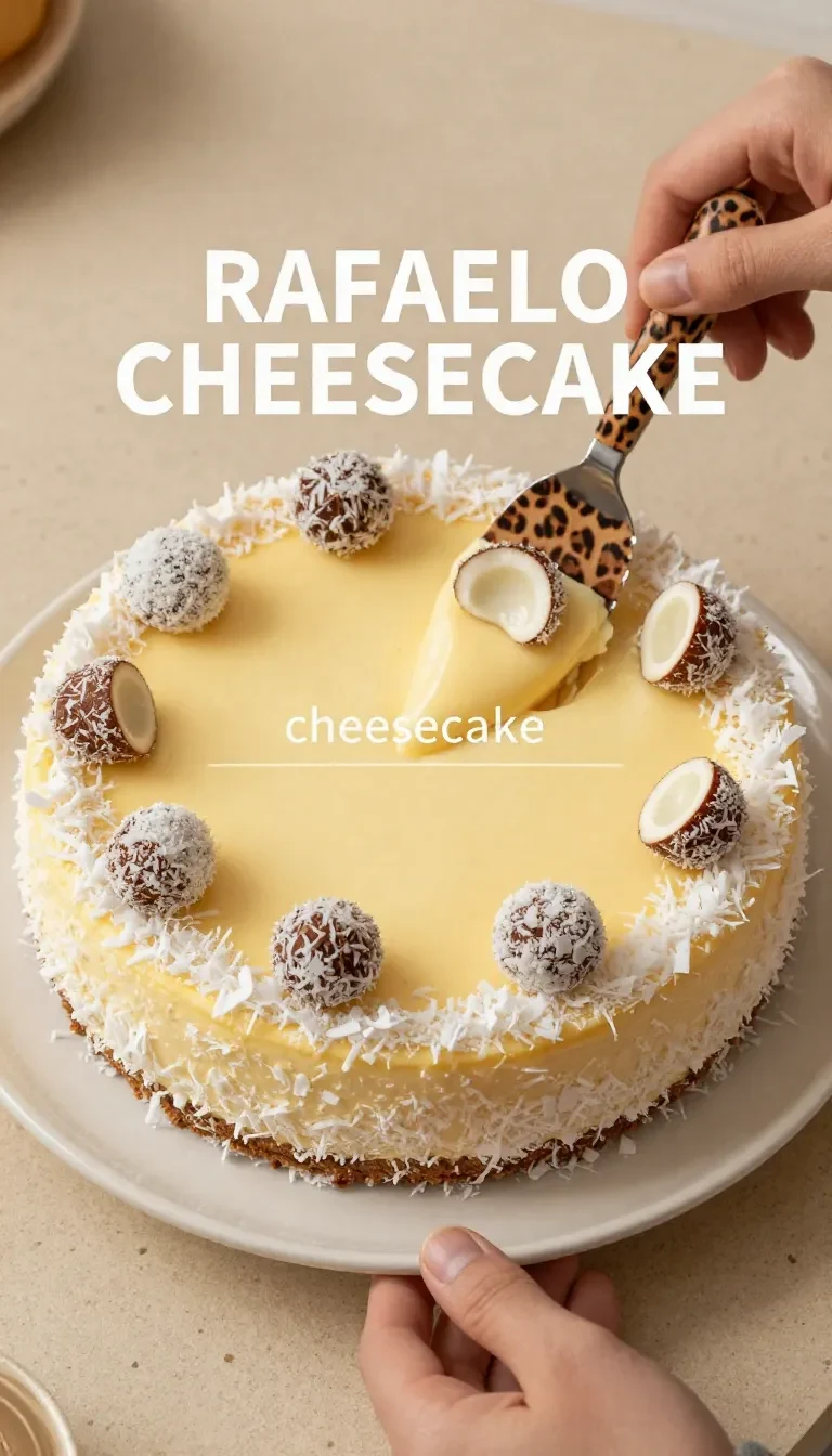 Cremiger Rafaelo Cheesecake mit Kokosraspeln und weißen Pralinen dekoriert, auf einem hellen Teller serviert.
