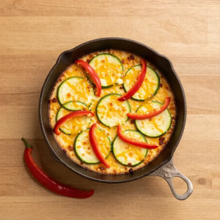 Eine Tomaten-Zucchini-Pfanne mit zerbröseltem Feta in einer hellen Pfanne serviert.