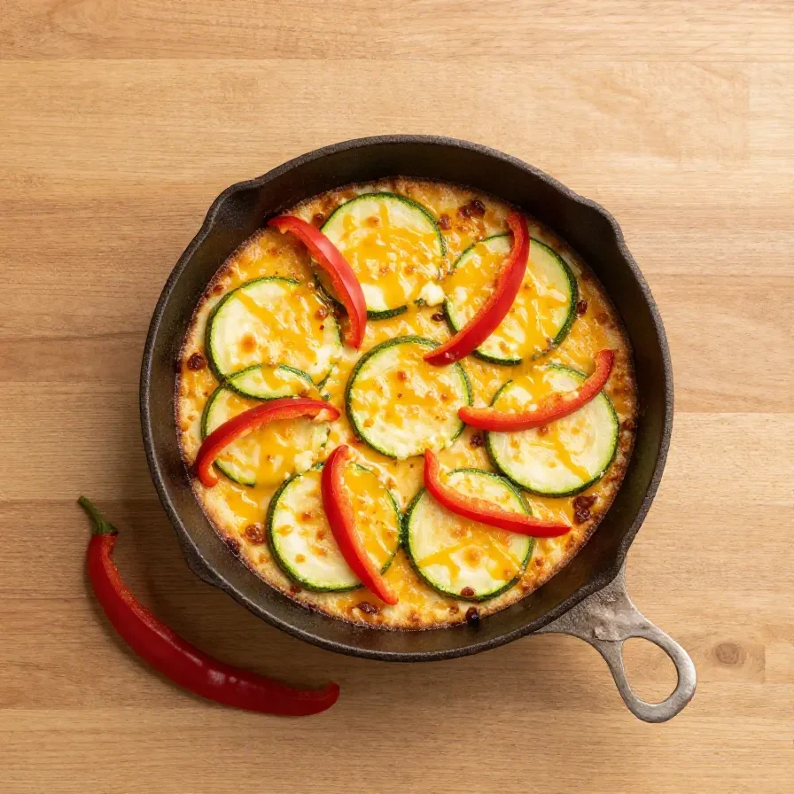 Eine Tomaten-Zucchini-Pfanne mit zerbröseltem Feta in einer hellen Pfanne serviert.