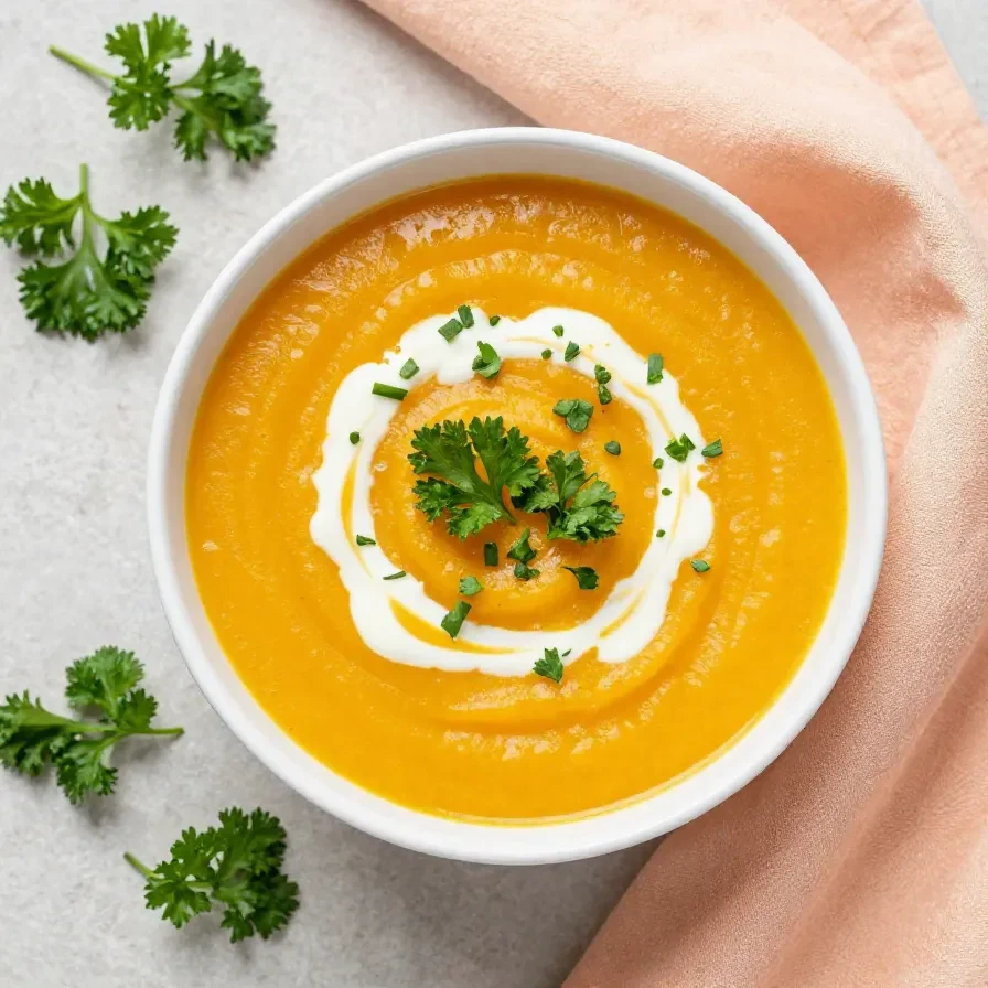 Eine cremige Kürbissuppe in einer weißen Schale, serviert mit Kürbiskernen und frischer Petersilie auf einem rustikalen Holztisch.