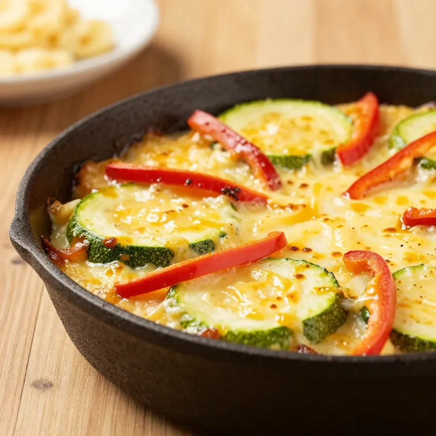 Eine Tomaten-Zucchini-Pfanne mit zerbröseltem Feta in einer hellen Pfanne serviert.