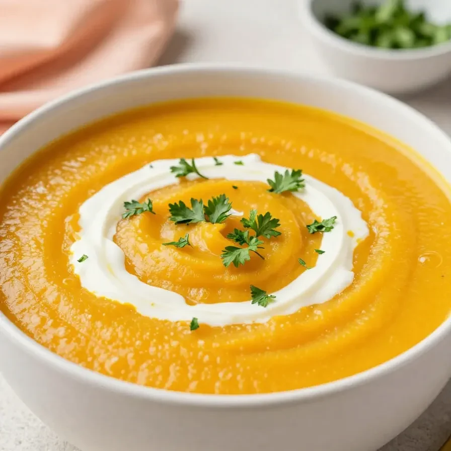 Eine cremige Kürbissuppe in einer weißen Schale, serviert mit Kürbiskernen und frischer Petersilie auf einem rustikalen Holztisch.