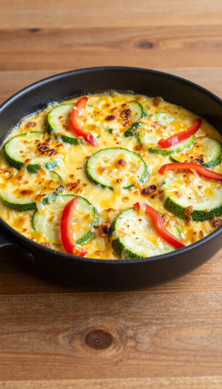 Eine Tomaten-Zucchini-Pfanne mit zerbröseltem Feta in einer hellen Pfanne serviert.