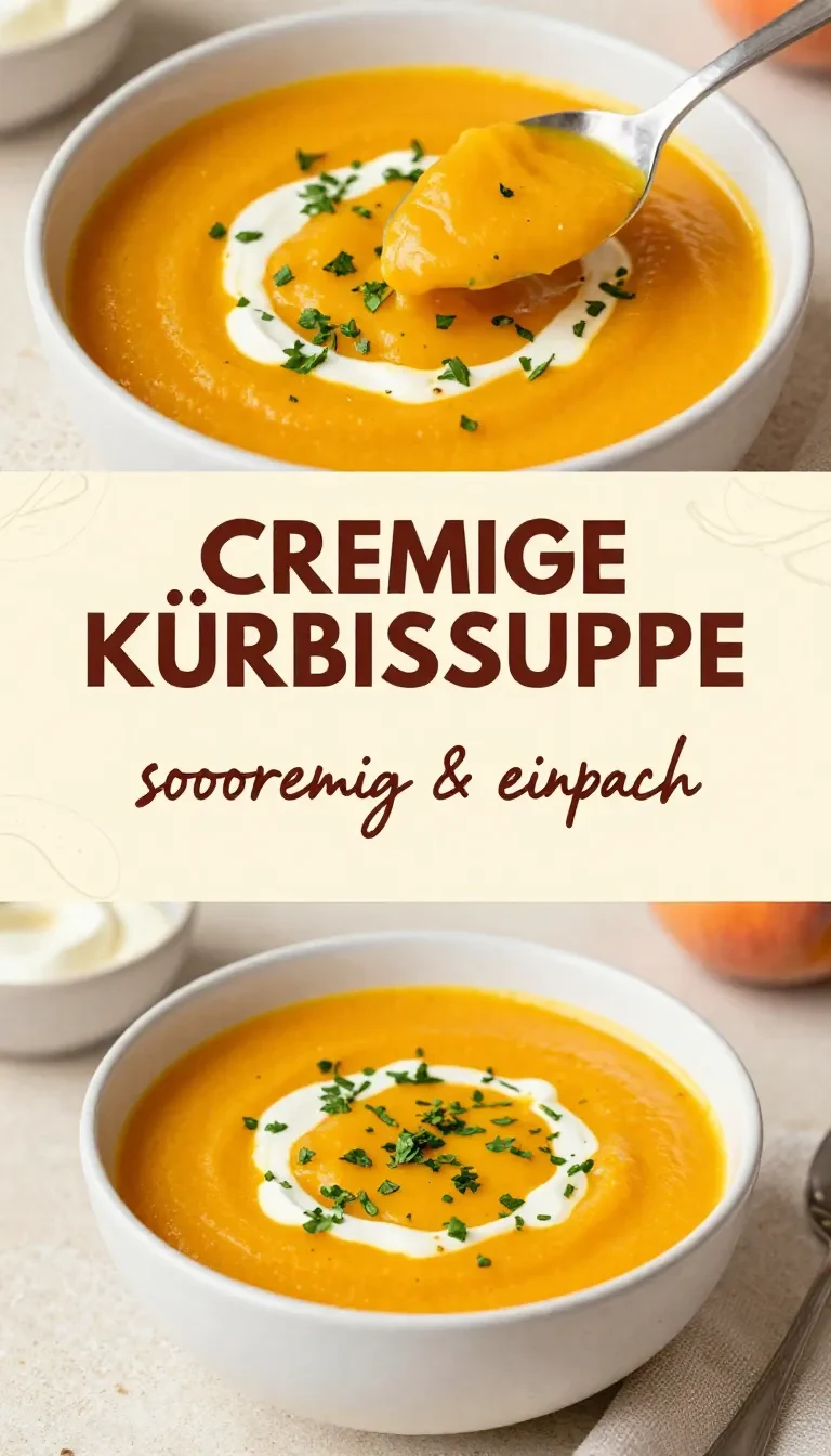Eine cremige Kürbissuppe in einer weißen Schale, serviert mit Kürbiskernen und frischer Petersilie auf einem rustikalen Holztisch.