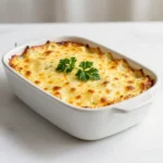 Ein goldbraun gebackener High-Protein Veggie Frühstücksauflauf in einer Auflaufform, mit Gemüse, Eiern und frischen Kräutern.