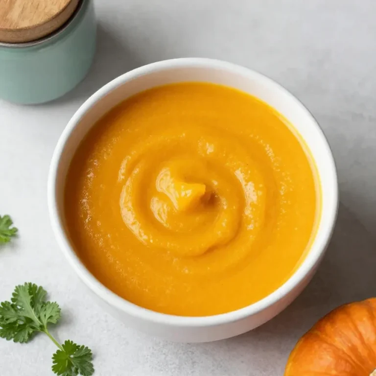 Eine cremige Kürbissuppe in einer Schüssel, garniert mit Kürbiskernen und einem Klecks Sahne.