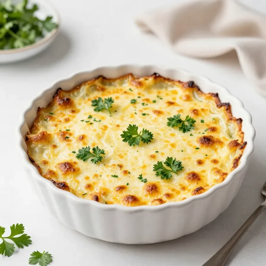 Ein goldbraun gebackener High-Protein Veggie Frühstücksauflauf in einer Auflaufform, mit Gemüse, Eiern und frischen Kräutern.