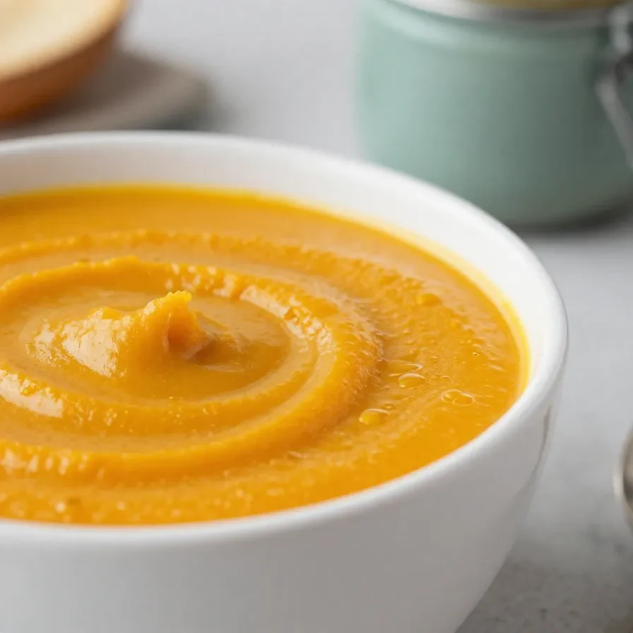 Eine cremige Kürbissuppe in einer Schüssel, garniert mit Kürbiskernen und einem Klecks Sahne.