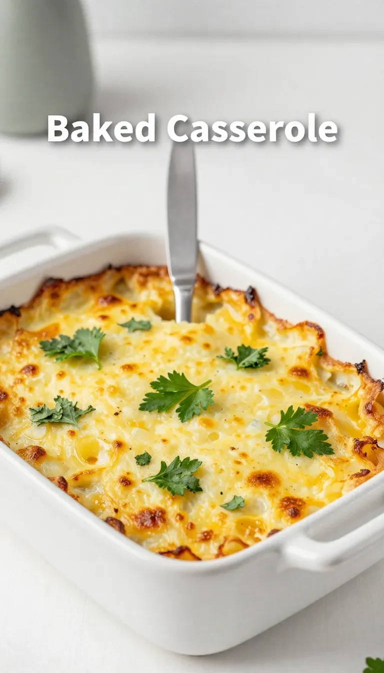 Ein goldbraun gebackener High-Protein Veggie Frühstücksauflauf in einer Auflaufform, mit Gemüse, Eiern und frischen Kräutern.