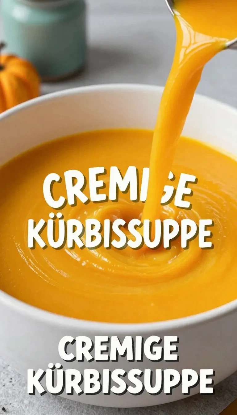 Eine cremige Kürbissuppe in einer Schüssel, garniert mit Kürbiskernen und einem Klecks Sahne.