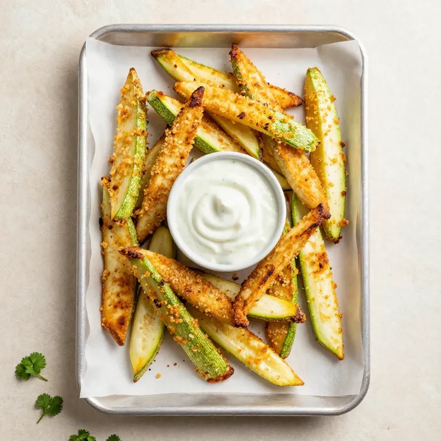 Knusprige Zucchini-Pommes auf einem Teller mit cremigem Ranch-Dressing zum Dippen