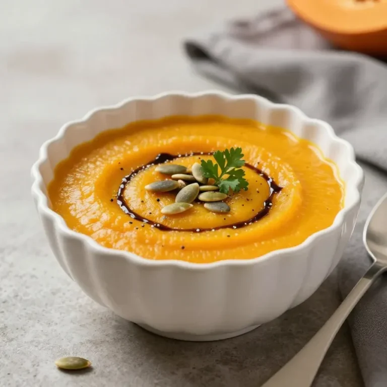 Cremige Kürbissuppe in einer weißen Schüssel, serviert mit einem Löffel und frischen Kräutern.