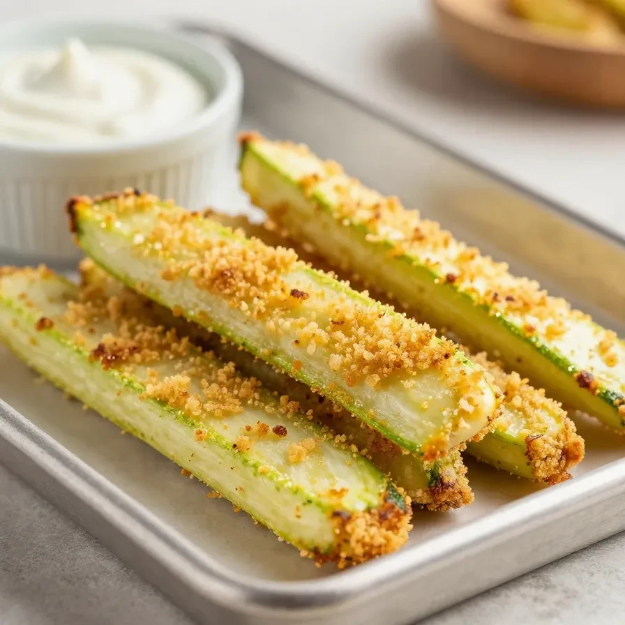 Knusprige Zucchini-Pommes auf einem Teller mit cremigem Ranch-Dressing zum Dippen