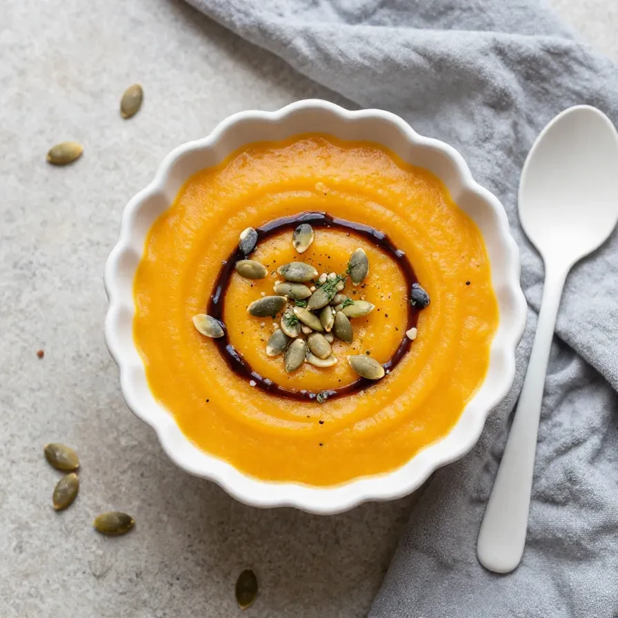 Cremige Kürbissuppe in einer weißen Schüssel, serviert mit einem Löffel und frischen Kräutern.