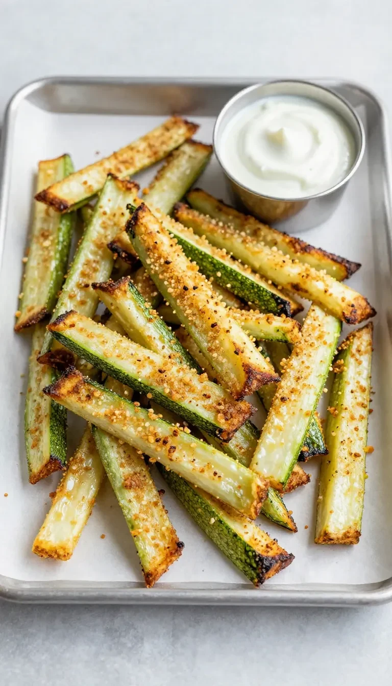 Knusprige Zucchini-Pommes auf einem Teller mit cremigem Ranch-Dressing zum Dippen