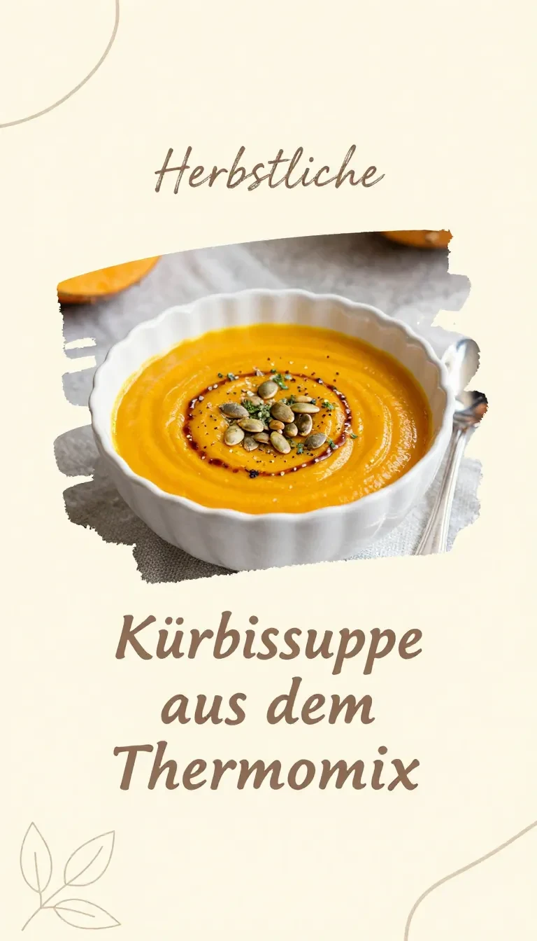 Cremige Kürbissuppe in einer weißen Schüssel, serviert mit einem Löffel und frischen Kräutern.