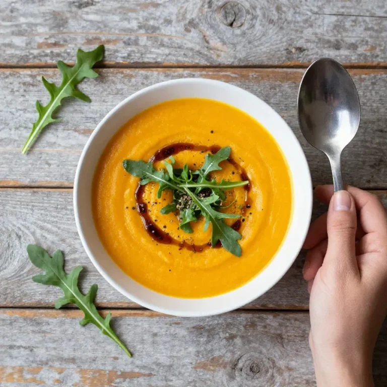 Eine cremige vegane Kürbissuppe in einer weißen Schüssel, garniert mit gerösteten Kürbiskernen und frischen Kräutern.