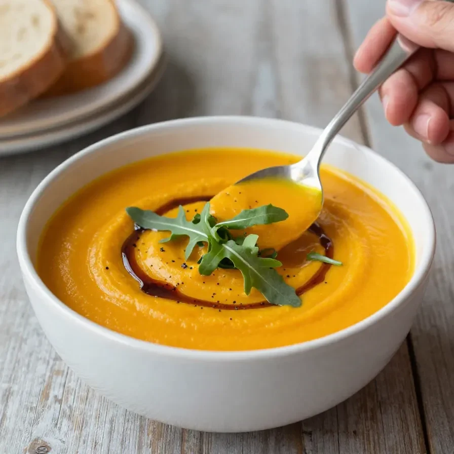 Eine cremige vegane Kürbissuppe in einer weißen Schüssel, garniert mit gerösteten Kürbiskernen und frischen Kräutern.
