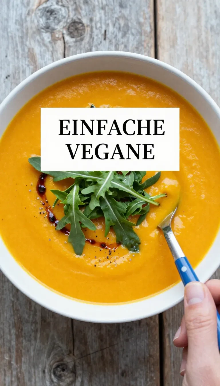 Eine cremige vegane Kürbissuppe in einer weißen Schüssel, garniert mit gerösteten Kürbiskernen und frischen Kräutern.