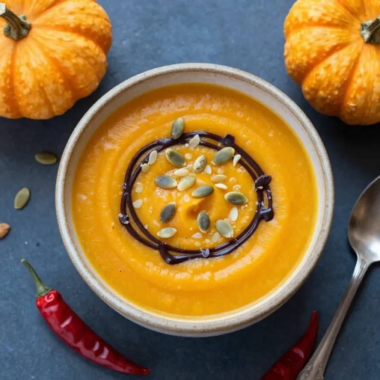 Eine cremige Kürbissuppe in einer Schale, garniert mit Kürbiskernen und einem Zweig Petersilie.