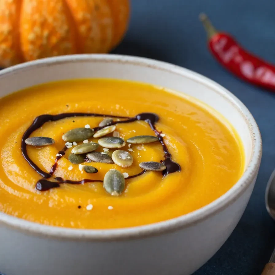 Eine cremige Kürbissuppe in einer Schale, garniert mit Kürbiskernen und einem Zweig Petersilie.