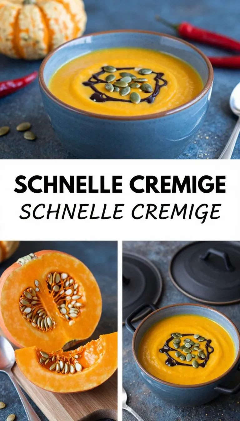 Eine cremige Kürbissuppe in einer Schale, garniert mit Kürbiskernen und einem Zweig Petersilie.