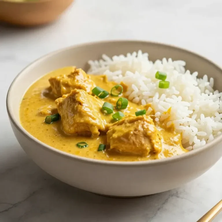 Hähnchenstücke in cremiger Satay-Sauce mit Erdnüssen, serviert auf Reis und garniert mit Frühlingszwiebeln