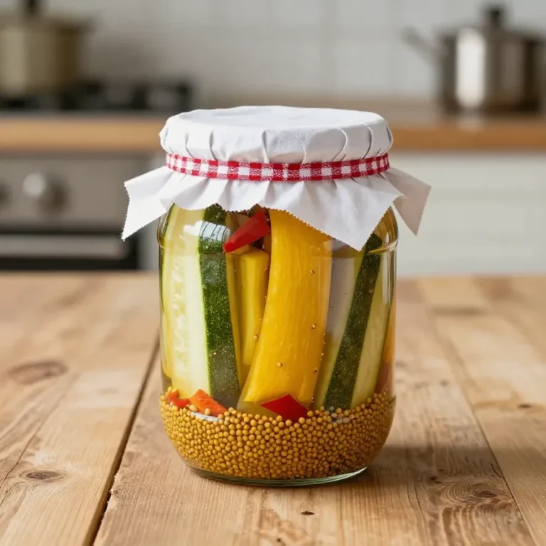 Ein Glas mit süßsauer eingelegten Zucchini auf einem Küchentisch neben Essig, Zucker, Zwiebeln und Gewürzen.